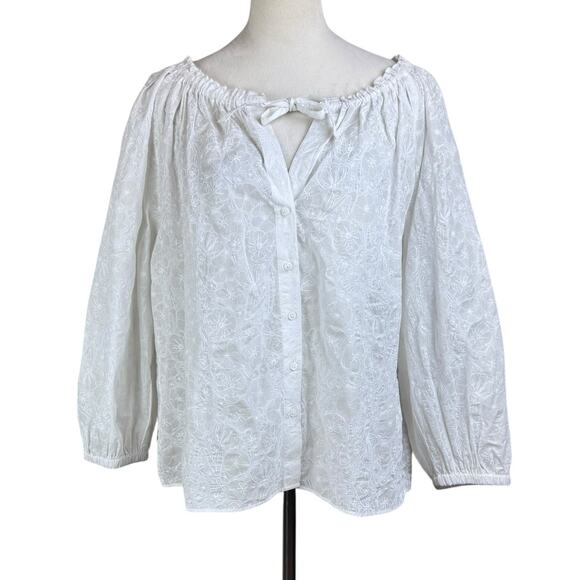 Club Monaco White Textured Long Sleeve Tie Neck Button Up Thin Unlined Blouse - Picture 1 of 12